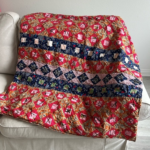 Handmade Granny Red Blue Patchwork Blanket